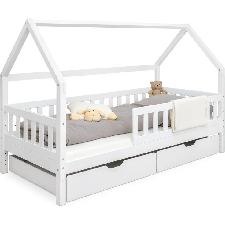 Ehrenkind Hausbett aus nachhaltigem Kiefernholz (mit abnehmbarem Rausfallschutz aus nachhaltigem Holz, Erhältlich in Natur und Weiß Kinderbett 80x160/90x200 cm), höhenverstellbar, nachhaltiges Kiefernholz, hergestellt in Europa