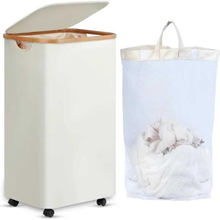 XL Wäschekorb mit Rollen 100L Bambus Deckel Herausnehmbar Waschbar Beige