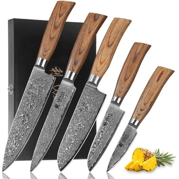 Wakoli Messer-Set Edib Pro 5 Damastmesser I Kochmesser Küchenmesser I 8-20cm Klingen (Damastmesser mit Geschenkbox, 5-tlg, 5er Damastmesser-Set mit Holzbox), 67 Lagen Damaststahl, VG-10 Stahlkern – Bild 4