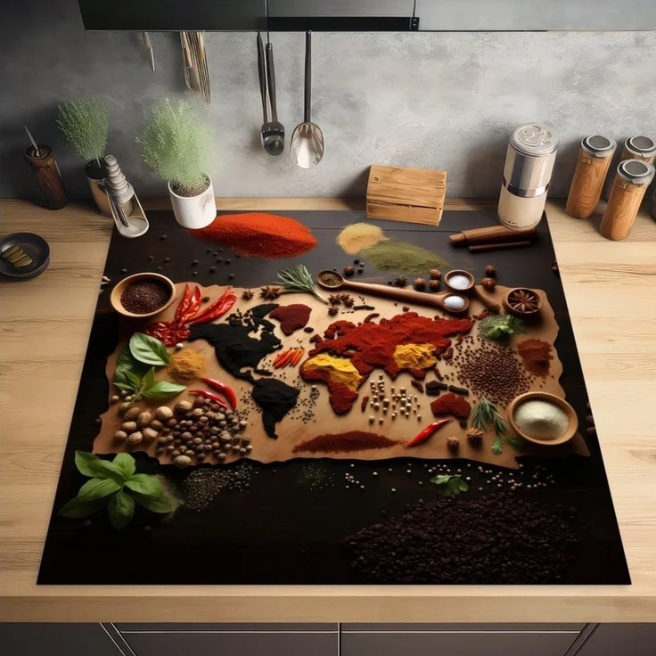 MuchoWow Herd-Abdeckplatte Kräuter - Gewürze - Weltkarte - Braun - Löffel - Farbenfroh, Vinyl, (1 tlg), Ceranfeldabdeckung Küche, Herdabdeckplatte Einteilig, 60x52 cm – Bild 2