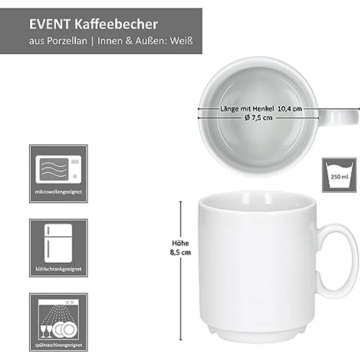 MamboCat Becher 6er Set Event Kaffeebecher 250ml weiß Porzellan-Tassen stapelbar, Porzellan – Bild 6