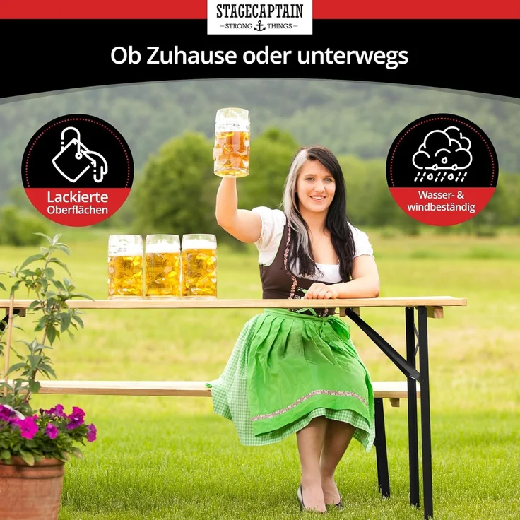 Stagecaptain Bierzeltgarnitur Hirschgarten BB-117 Sitzgarnitur 117 cm Länge, (Stehtisch Holz, 6-tlg, 4 x Bank, 2 x Tisch), Sitzmöbelset für Balkon Outdoor & Indoor, klappbar – Bild 5