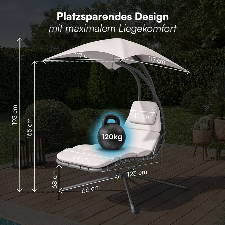 STEELSØN 'Nyria' Schwebeliege, beige, wetterfest, bis 120 kg belastbar, Hängeliege mit Sonnenschirm und Polster – Bild 8