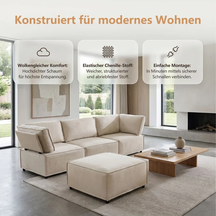 ZUBALIYA Schlafsofa, modular aufgebaut, mit Schaumstoffpolsterung, für Wohnzimmer und Apartments, mit stabilem Untergestell, Beige – Bild 5