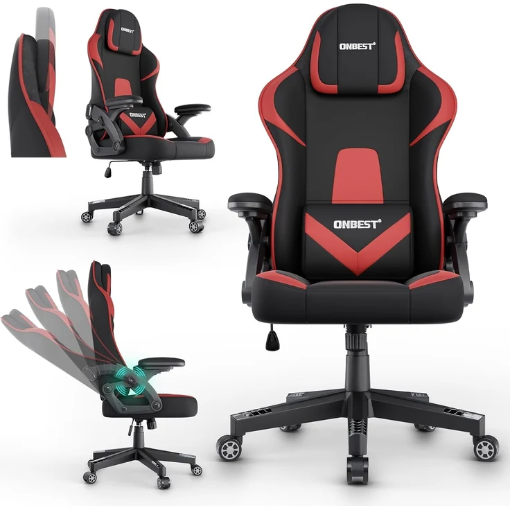 Onbest Gaming-Stuhl ergonomisch mit Lordosenkissen bis 150kg, 360°, verstellbare Armlehnen Kopfstütze Rückenlehne – Bild 1