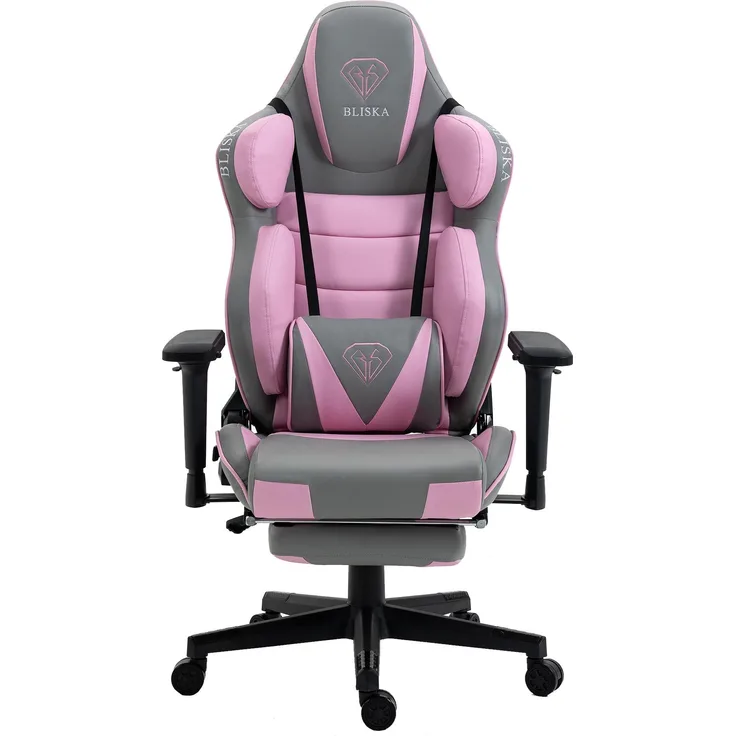 Gaming Stuhl Chair Racing Chefsessel mit Sportsitz und ergonomsichen 4D-Armlehnen Hellgrau / Rosa