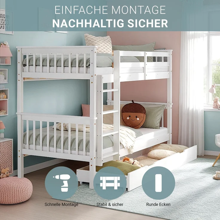 Kinderbett 90x200 mit Stauraum Etagenbett Holzbett Weiß Jugendbett Doppelstockbett Rausfallschutz Stockbett Umbaubar – Bild 4