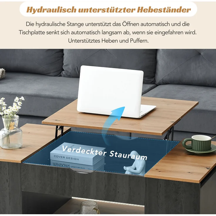 LVHOM Couchtisch mit Stauraum, Höhenverstellbarer Kaffeetisch mit versteckten Fächern, Laptoptisch für Wohnzimmer, Eiche-Optik/Grau, 109x60x43 cm – Bild 5