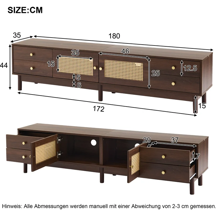 TV-Schrank, mit 2 Rattantüren, 4 Schubladen & Kabelmanagement, 180x35x44 cm, Braun – Bild 10