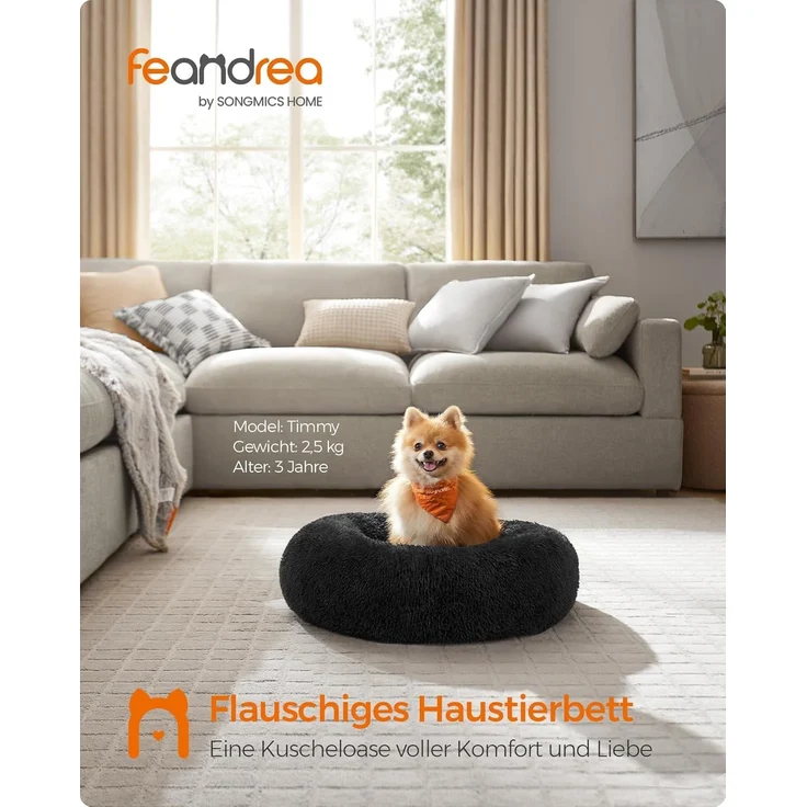 Feandrea Hundebett flauschig, Donut Kissen, waschbar, Polsterung in der Mitte herausnehmbar, Langer Plüsch, tintenschwarz, 60x20 cm – Bild 3