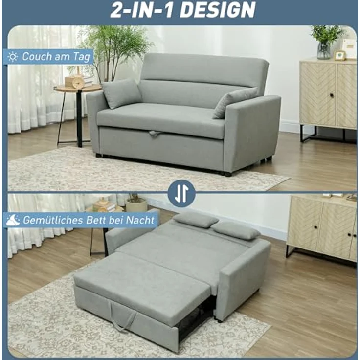 HOMCOM Schlafsofa 2-Sitzer Sofa mit Schlaffunktion, Verstellbare Rückenlehne, Schlafcouch 1 Teile, für Wohnzimmer, Gästezimmer, Hellgrau – Bild 8