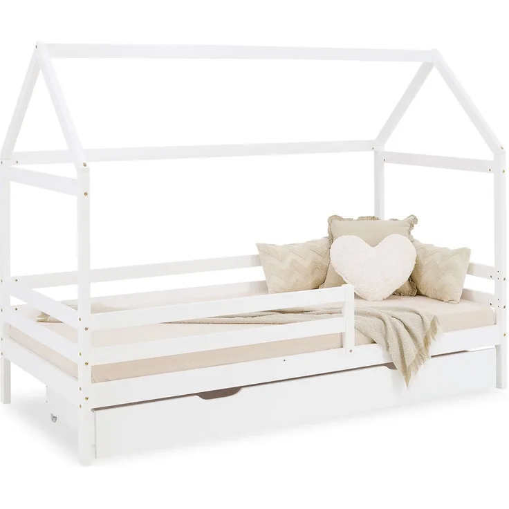 Kinderbett mit Bettkasten Hausbett 90x200 cm Holz Weiß Rausfallschutz Bett Bettenhaus Lattenrost