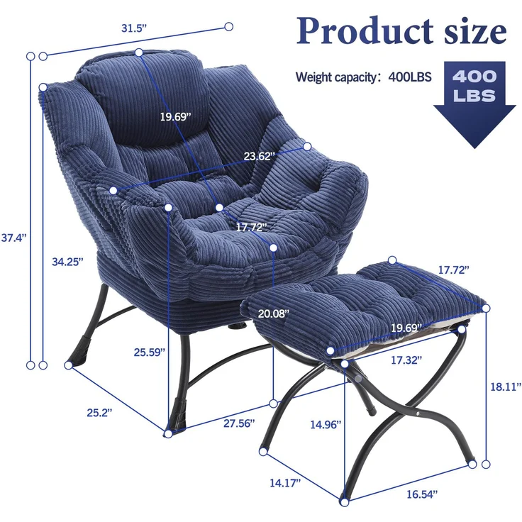 LVHOM Relaxsessel mit Hocker, Loungesessel mit Seitentasche, Lesesessel aus Cordstoff, bequem gepolstert, Metallgestell, bis 180kg belastbar, Blau – Bild 7