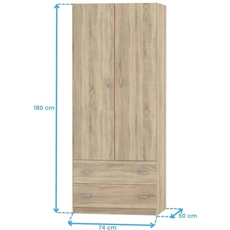 Muebles Pitarch | Schlafzimmerschrank 2 Türen 2 Schubladen, Cambrian-Eiche, 180 x 74 x 50 cm (Höhe x Breite x Tiefe), Modernes Beistellmöbel, Tibet Kollektion – Bild 3