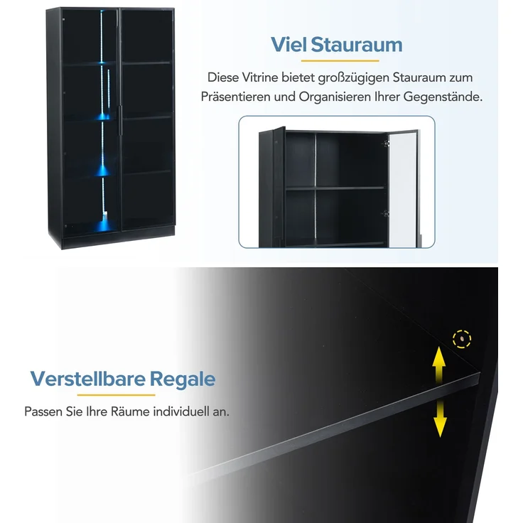 Glasvitrine mit APP LED-Beleuchtung, doppeltürige Vitrine mit beweglichen Einlegeböden, 80*40*160cm,Hochschrank für Wohnzimmer, Standvitrine,Badezimmerschrank – Bild 6