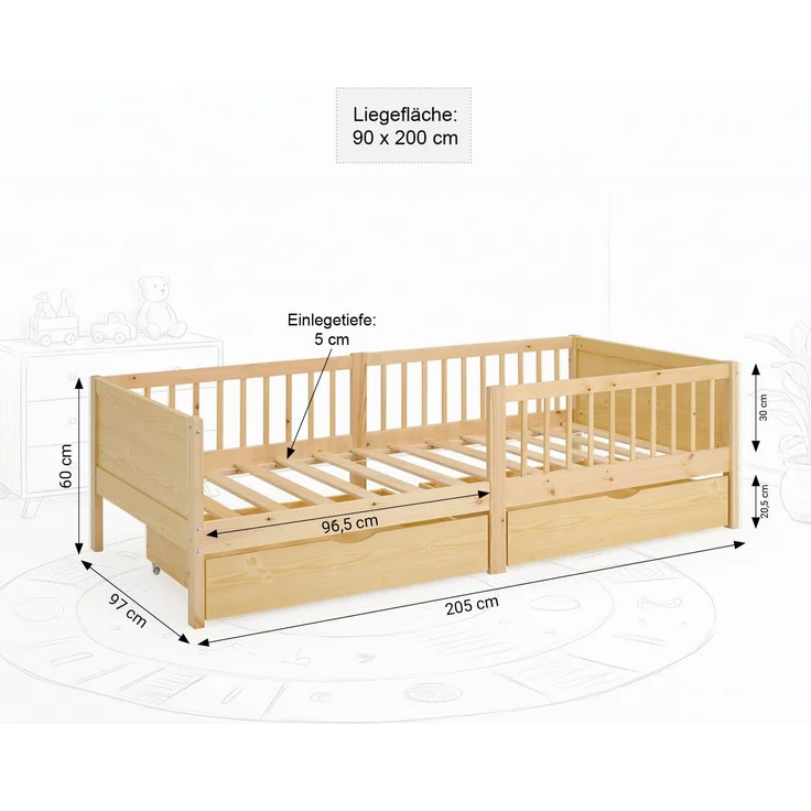 Kinderbett 90x200 cm mit 2 Bettkästen Rausfallschutz Holzbett Natur Einzelbett Gitterbett Massiv Holzbettrahmen – Bild 3