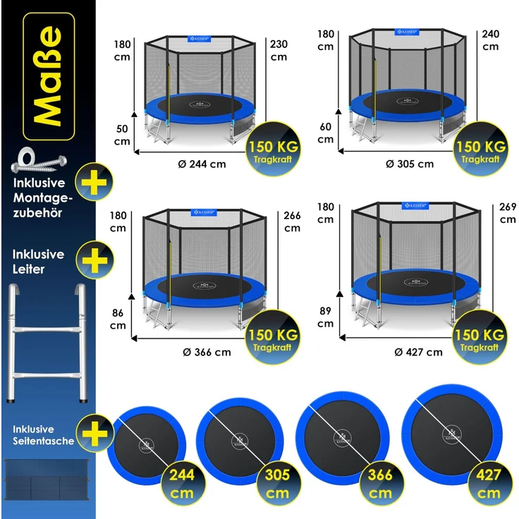 KESSER® - Trampolin | TÜV Rheinland GS Zertifiziert | Komplettset mit Sicherheitsnetz, Leiter, Randabdeckung, Seitentasche & Zubehör | Kindertrampolin Gartentrampolin Belastbarkeit 150 kg Blau, 427 cm – Bild 7