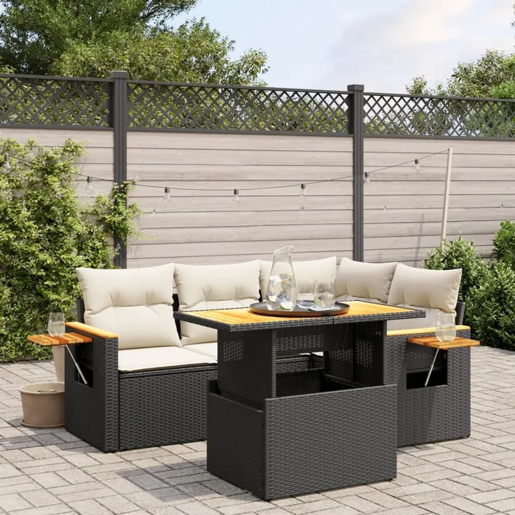 vidaXL 5-tlg. Garten-Sofagarnitur mit Kissen Schwarz Poly Rattan 3273499