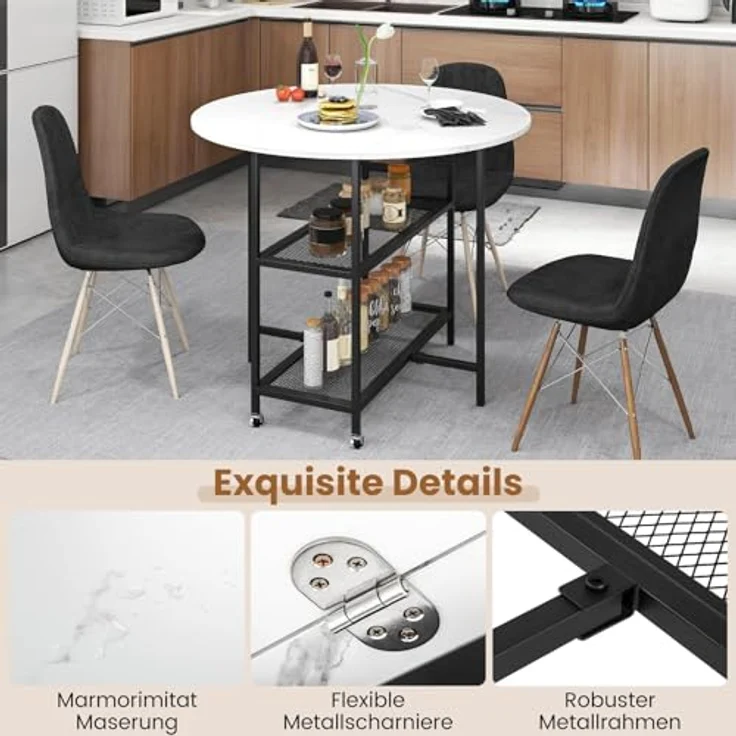 FANTASK Küchentisch klappbar, Esszimmertisch für 2-4 Personen, Esstisch mit 2 Ablagefächern, mobiler Klapptisch Marmor Optik, runder Tisch für Esszimmer & Wohnzimmer (Weiß) – Bild 6