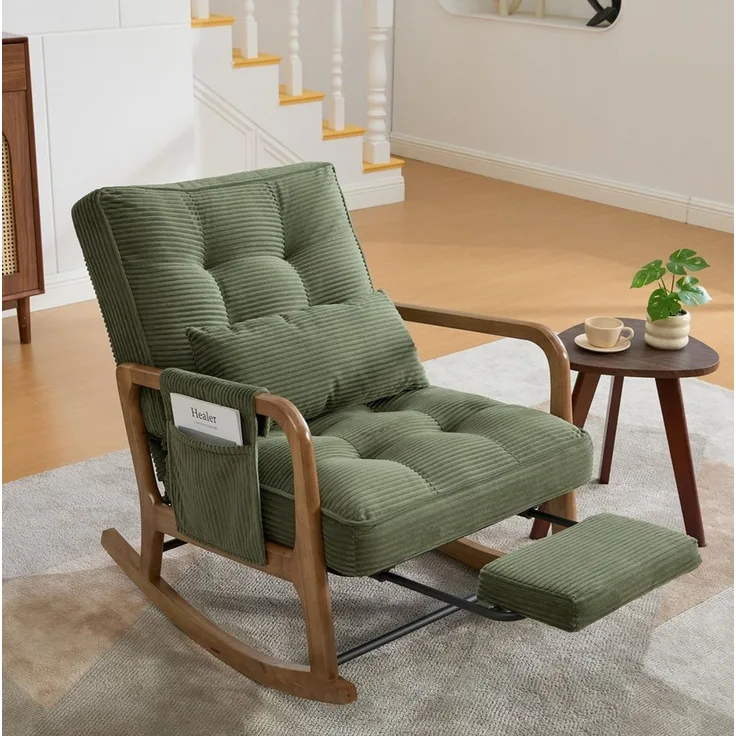 MODFU Loungesessel Ergonomischer Freizeitstuhl aus Cord mit Fußstütze (verstellbarer Schaukelstuhl und Baby-Sessel mit Lendenkissen), Schaukelstuhl Polstersessel