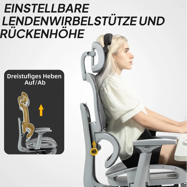 Bürostuhl, Ergonomischer Schreibtischstuhl mit Netzstoffbezug, verstellbar, rollbar, mit Armlehnen, Kopfstütze, Grau--Grau--122x64x66cm--YOUDENOVA – Bild 10