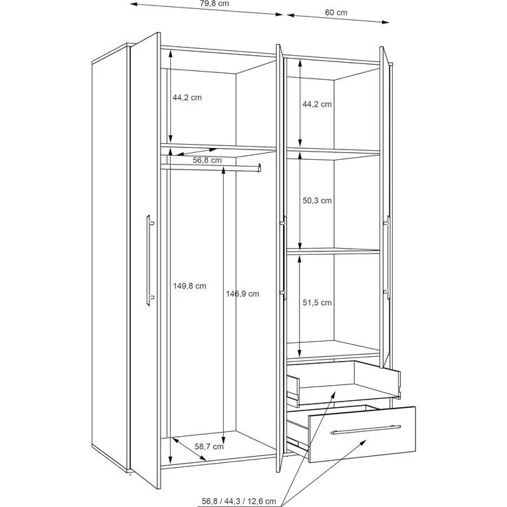 Forte Kleiderschrank MOKKARIS - Schlafzimmer Drehtürenschrank in Weiß (120) / Sonoma Eiche (D30) – Bild 8