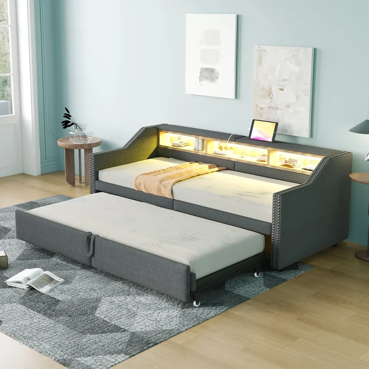 Ausziehbares Schlafsofa 90/180×200 cm mit seitlichen Ablagefächern, USB-Anschluss, Leinenbezug & Lattenrost,Polsterbett,Dunkelgrau – Bild 2
