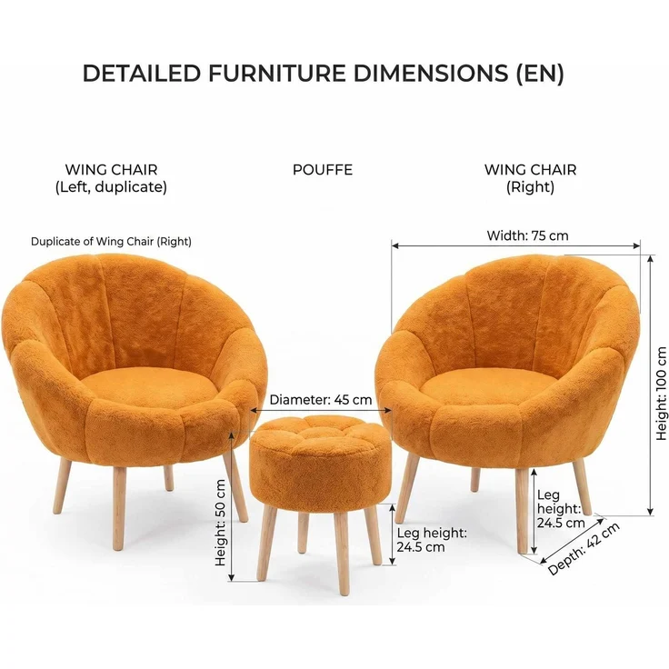 Hanah Home Stilvolles Ohrensessel- und Pouf-Set (3-teilig), Orange, 100% Wellssoft-Gewebe, 18 mm melaminbeschichtet | Perfekt für Moderne Wohnräume – Bild 3