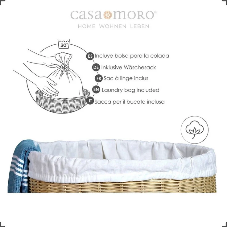 Casa Moro Wäschekorb aus Rattan mit Deckel, Natur, 75 L (1 St, Ø 40 cm, Höhe ohne Deckel 60 cm), Baumwollbeutel herausnehmbar und bei 30 °C waschbar – Bild 3