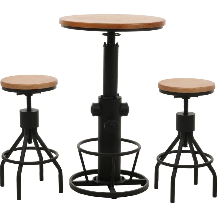Set Bartisch + 2x Barhocker HWC-N17, Barstuhl Stehtisch höhenverstellbar drehbar Fußablage Industrial Holz ~ natur – Bild 9