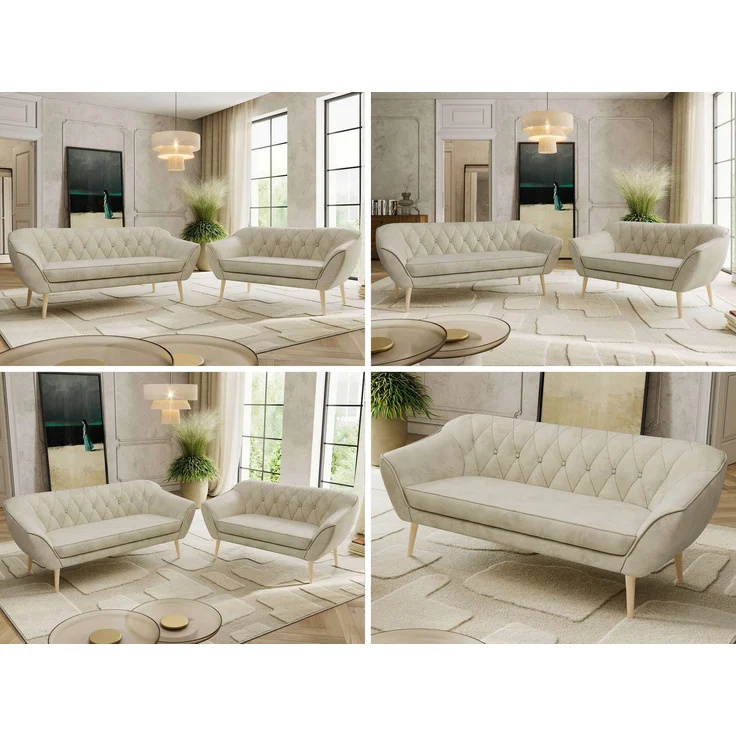 Skandinavisches Sofa Set PIRS 3-2, Komplettset, Wellenfederung, Buche Füße, Sitzgruppe, Polstermöbel Set - Beige Velvet – Bild 2
