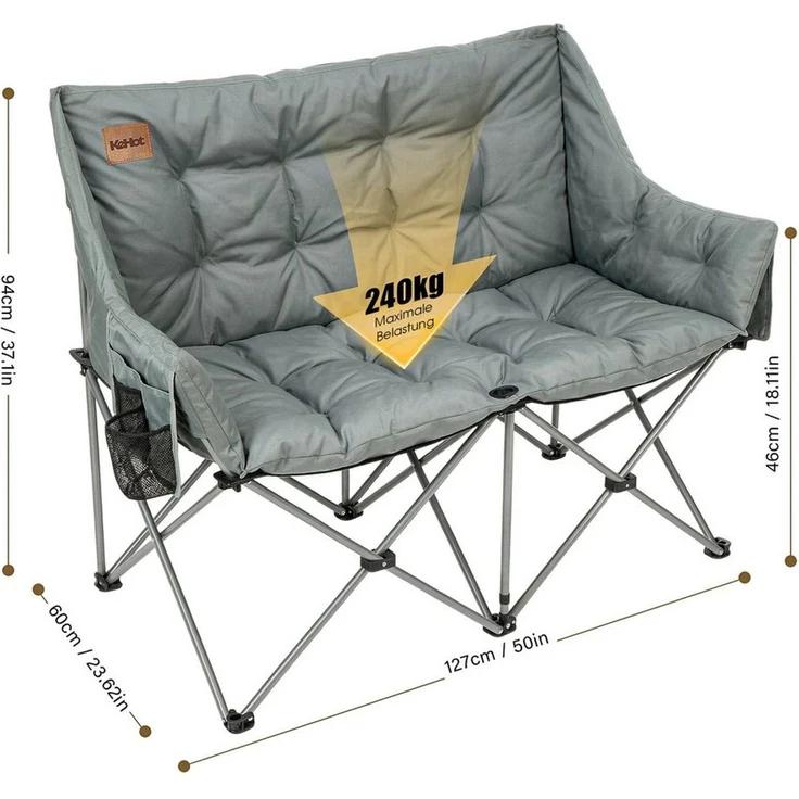 kehot Campingstuhl Faltbarer 2-Sitzer Campingstuhl mit 6 cm Polsterung, 127×94×60 cm (Doppelsitz Outdoor Sofa bis 240kg belastbar, Campingklappstuhl), Klappstuhl mit Oxford-Gewebe,Tragetasche, für Camping Garten Balkon