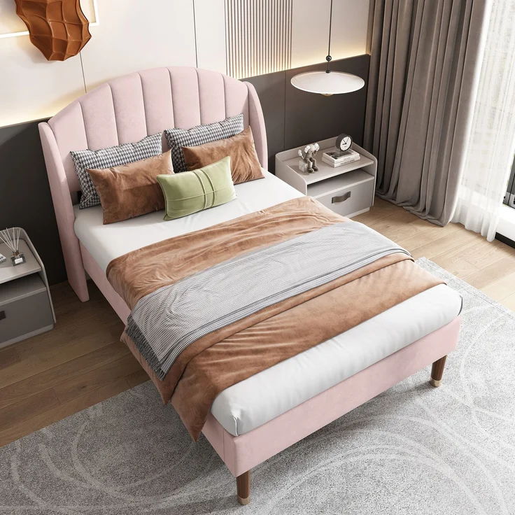 EINHOM Polsterbett 90 x 200 cm mit Lattenrost und Kopfteil, Jugendbett, Einzelbett, Holzlattenunterstützung, Einfache Montage, Samt, Rosa, (Ohne Matratze) – Bild 4