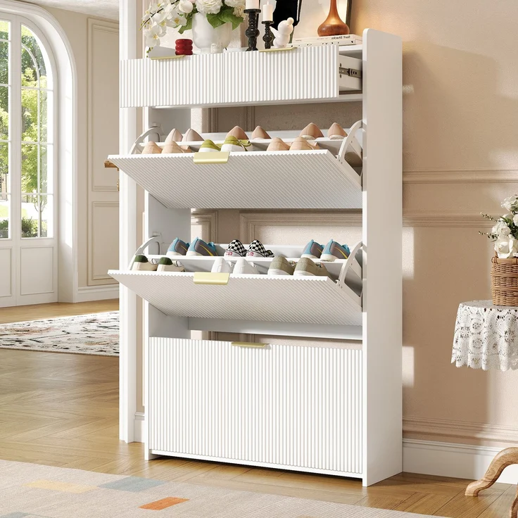 ZUBALIYA Schuhschrank (80 x 25 x 135 cm), 3 Klappfächer und 2 Schubladen, Aus Spanplatte, Stauraum für Flur und Eingangsbereich, Weiß – Bild 1