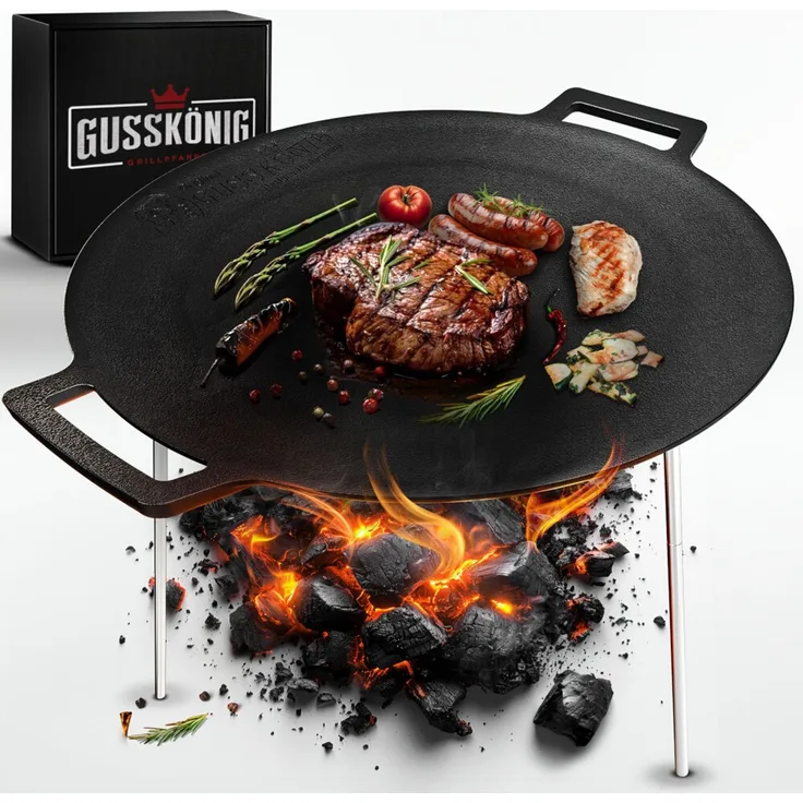 Feuerplatte 45 cm aus Gusseisen – mit abnehmbaren, 3-fach verstellbaren Füßen, massive Grillplatte für Feuerstelle, Plancha & Outdoor