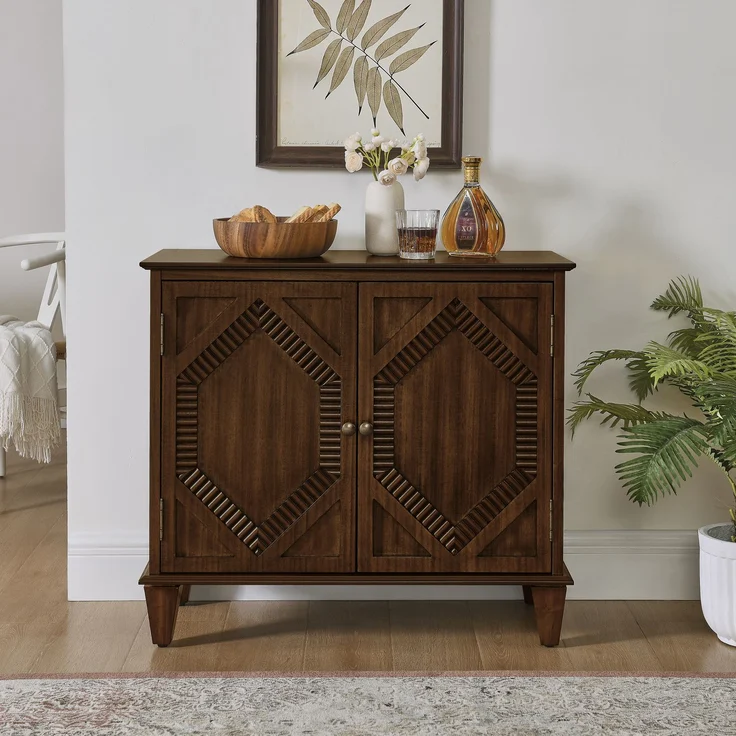 Sideboard in Nussbaumfarbe aus MDF mit Massivholzbeinen und verstellbarem Einlegeboden,H 76.5 x T 85.29 x B 40.01 cm – Bild 2