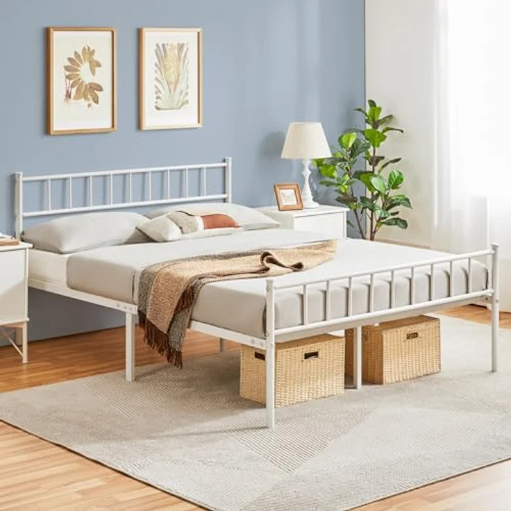 Yaheetech Metallbett 140x200 cm Bettrahmen mit Kopfteil Bettgestell aus Metall Gästebett mit Lattenrost für Schlafzimmer Gästezimmer Weiß – Bild 2