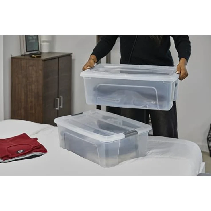 Iris Ohyama Aufbewahrungsboxen mit Deckel, 30L, 4er-Set, Silber, Sicherer Verschluss, Stapelbar, Griffe, Schlafzimmer, Schrank, Büro, Organisation, BPA-freies Plastik, Ordnungsboxen, NTB-30 – Bild 3
