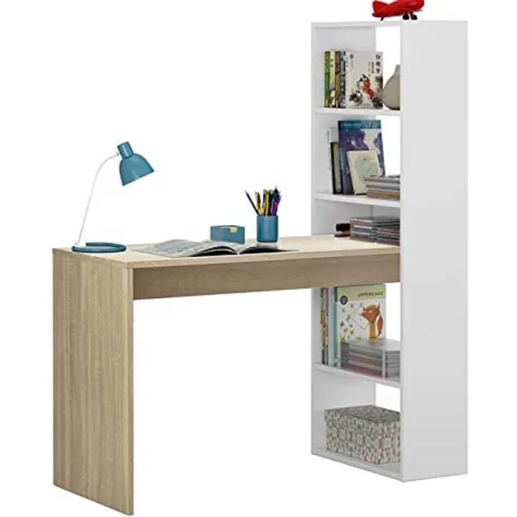 Dmora - Schreibtisch Denton, Wendeschreibtisch mit Bücherregal mit 5 Böden, Studier- oder Bürotisch für PC-Buchhalter, cm 120x53h144, Weiß und Eiche