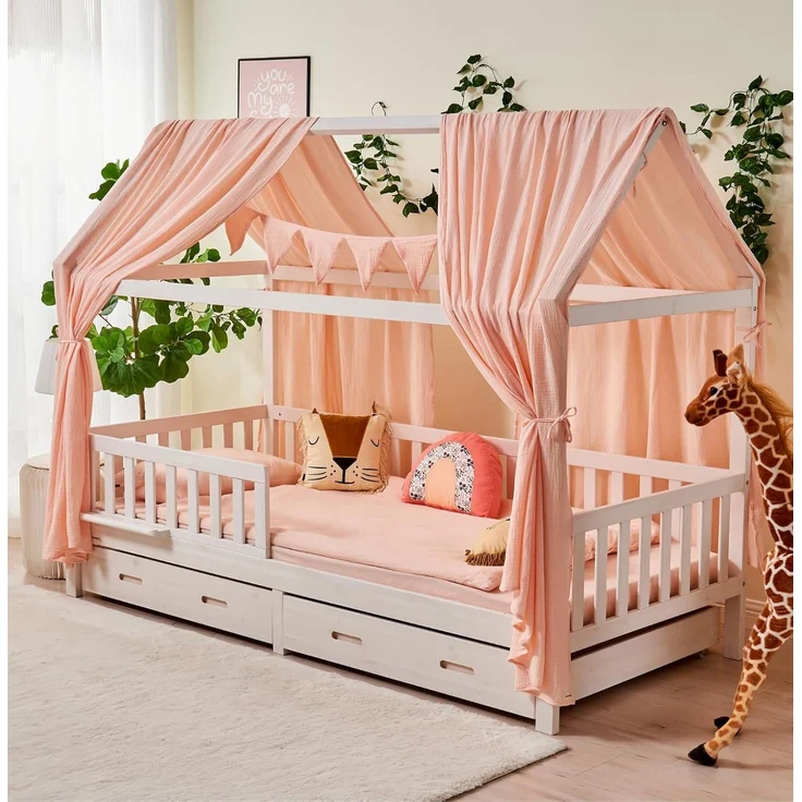 Alavya Home® Betthimmel Dekoset (2 Stück Betthimmel 1 Stück Wimpelkette 300cm cm lang mit 9 Stück Wimpeln, 3-tlg), Dekoset aus 100% Bio-Musselin Baumwolle 125x350 cm – Bild 1