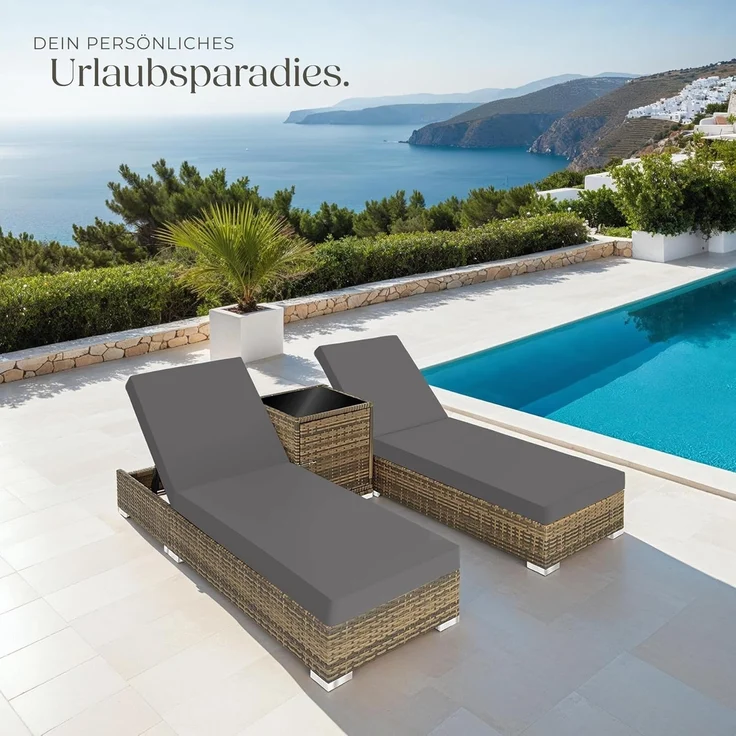 tectake 2er Lounge Sonnenliegen Set Plus Tisch – inkl. 2 Bezugsets und Schutzhülle, Outdoor Poly Rattan Gartenmöbel Set, 2X Gartenliege wetterfest - Natur – Bild 8