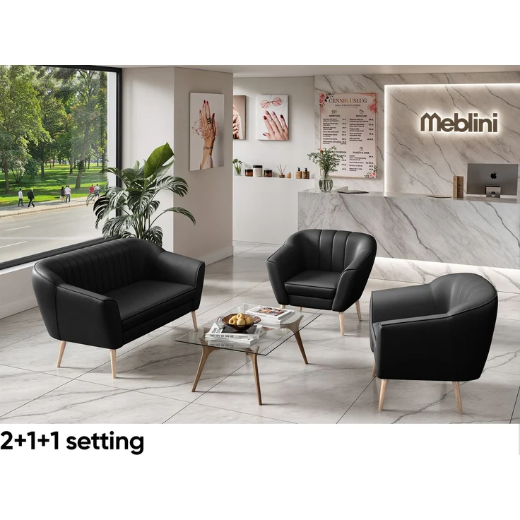 MEBLINI Mini Sofa Set 2-1-1 für Wohnzimmer - Mini Lounge für vier Personen - Küchensofa - Sofa Klein - Sitzgarnitur - Polstergarnitur - Sofagarnituren - KAIA - 2+1+1 - Schwarz Kunstleder – Bild 2
