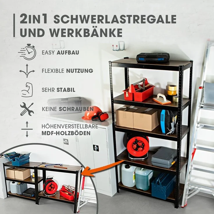 EASYmaxx Schwerlastregal 180 x 90 x 40 cm Holzoptik| 875 kg Traglast, 175 kg pro Ebene | Regal, Werkbank | Kellerregal, Lagerregal mit 5 verstellbaren Ablagen | Für Keller, Garage, Hobbyraum, Werkstatt – Bild 2