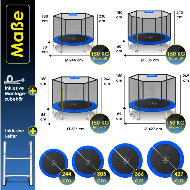 KESSER® - Trampolin Komplettset mit Sicherheitsnetz, Leiter, Randabdeckung & Zubehör, Belastbarkeit 150 kg, 366 cm, Blau – Bild 7