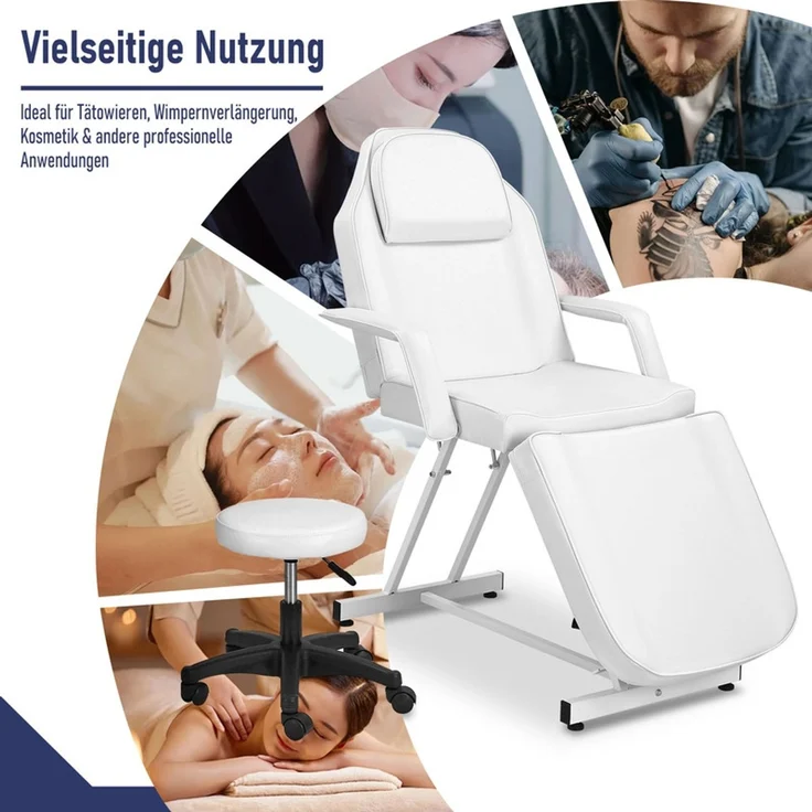 HOME NATURE WOHNKONZEPT Kosmetikliege mit Rollhocker, klappbare 3-Zonen Massageliege für Beauty, Spa, Tattoo & Salon, 182 x 81 x 74 cm, Weiß – Bild 4