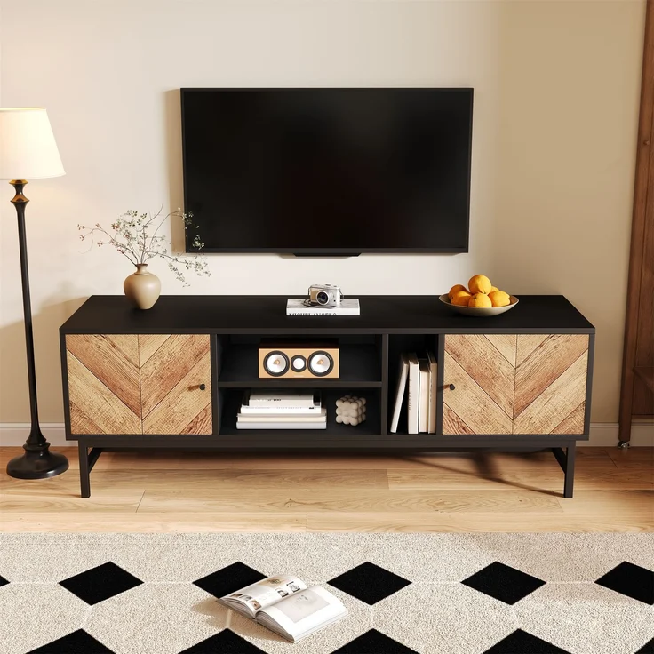 TV Schrank Schwarz Holzoptik 150x38 cm mit 2 Türen und offenen Fächern Metallbeine Sideboard Medienregal für Wohnzimmer – Bild 1