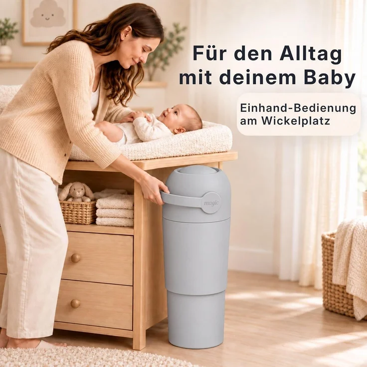 Set Magic Windeleimer, Abfalleimer mit Geruchsstopp, ohne Kassette + Windel | Hygienischer Mülleimer Geruchsdicht für Windeln ohne Kassette, Hygieneeimer für Windelentsorgung, Bad, Kinderzimmer, Küche – Bild 2