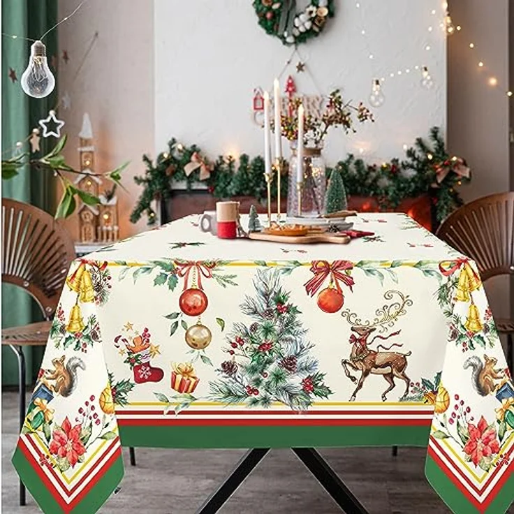 Rechteckige Weihnachtstischdecke, 152,4x213,4 cm, Weihnachtsbaum, Elch, Urlaubsdekoration, Tischdecke, Polyester, wasserdicht und knitterfrei, langlebig, Weihnachtstischdecke für Küche, Winter und – Bild 4