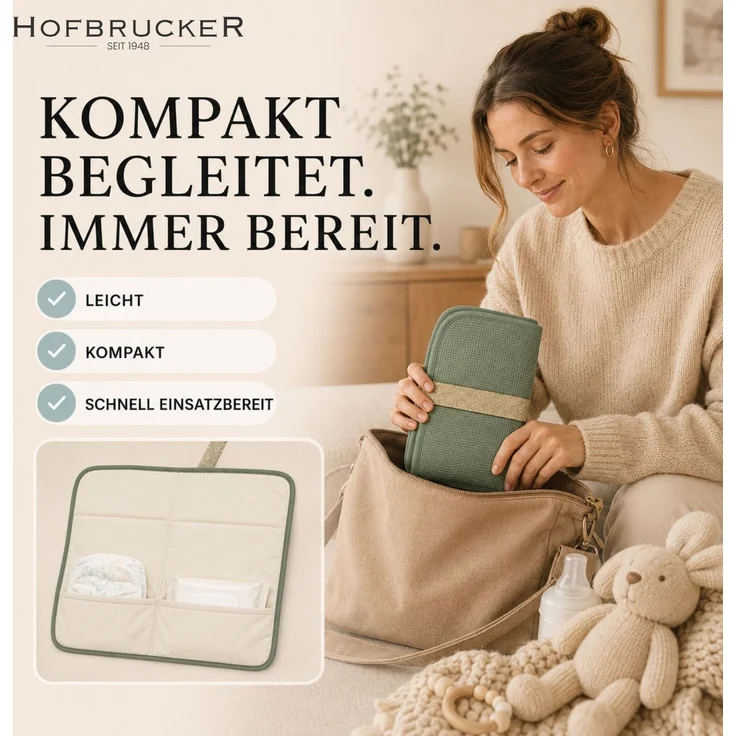 Hofbrucker® Windeltasche, Wickeltasche mit Wickelunterlage für unterwegs, faltbare Wickelclutch mit Organizer für Windeln & Feuchttücher, Abwischbar, Must Have für die Baby Erstausstattung (Salbei) – Bild 2