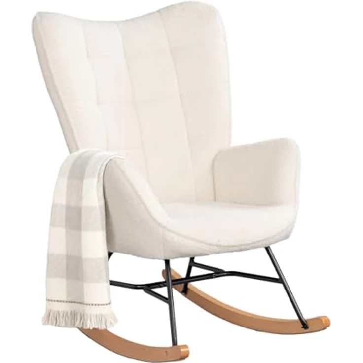 MEUBLE COSY Schaukelstuhl Sessel Schaukelsessel Stillstuhl Schwingstuhl mit Armlehnen Gepolsterter Sitzfläche für Wohnzimmer Schlafzimmer, Balkon, Sherpa und Holzkufen, Bis 120 kg Belastbar, Beige – Bild 2